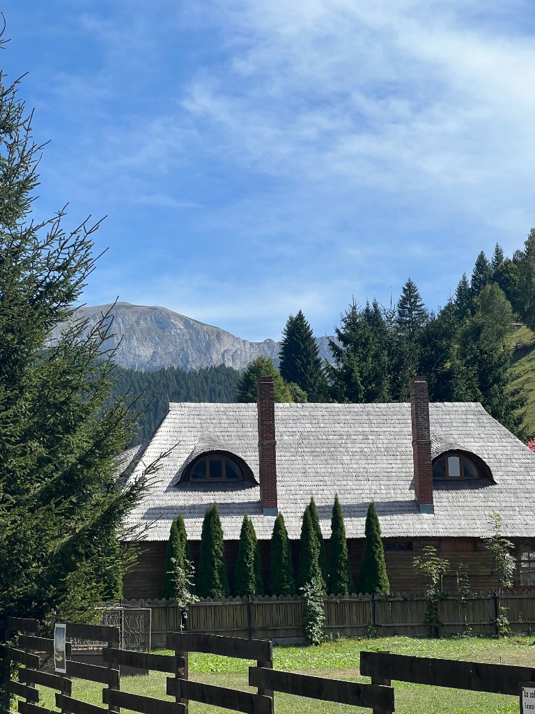 Traditional Romanian wooden house with a shingled roof, brick chimneys and curved eye-shaped dormer windows below a rocky peak