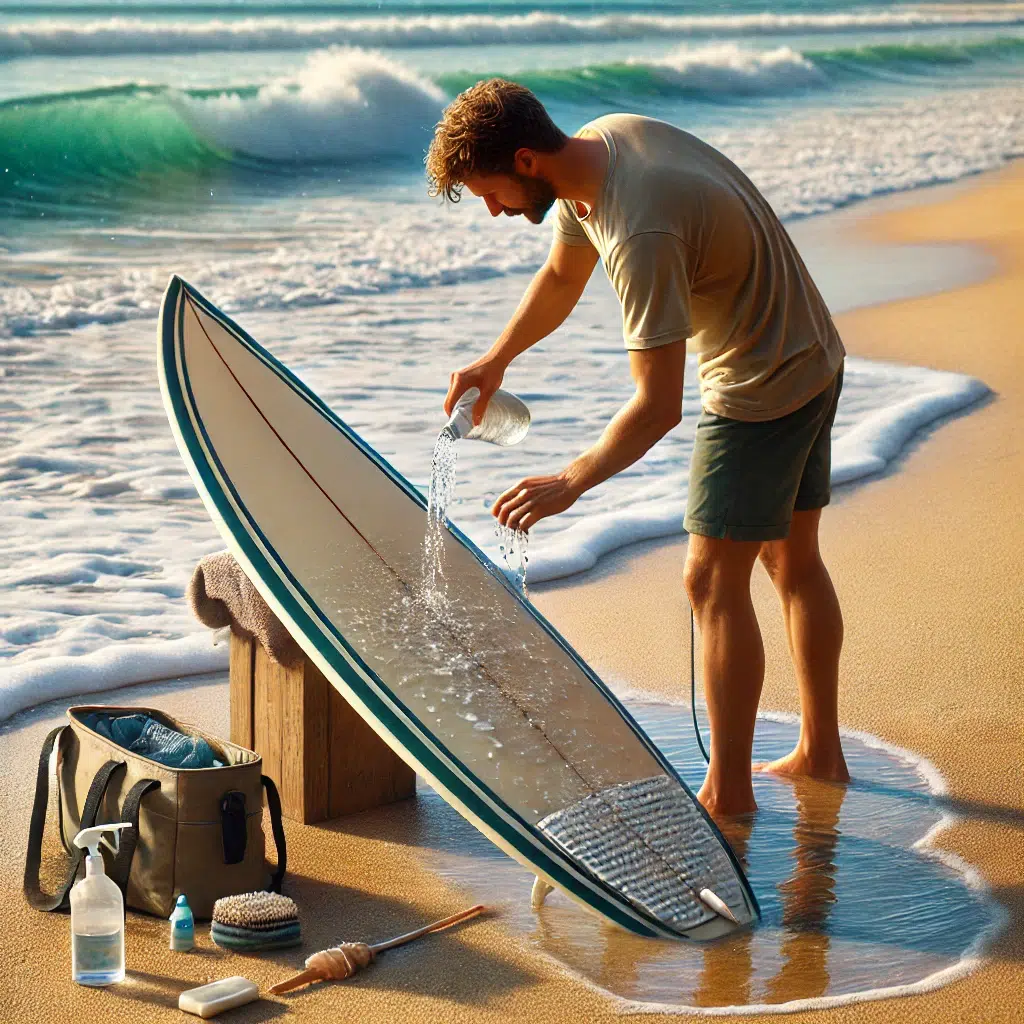 Surfer cleaning and maintaining his surfboard