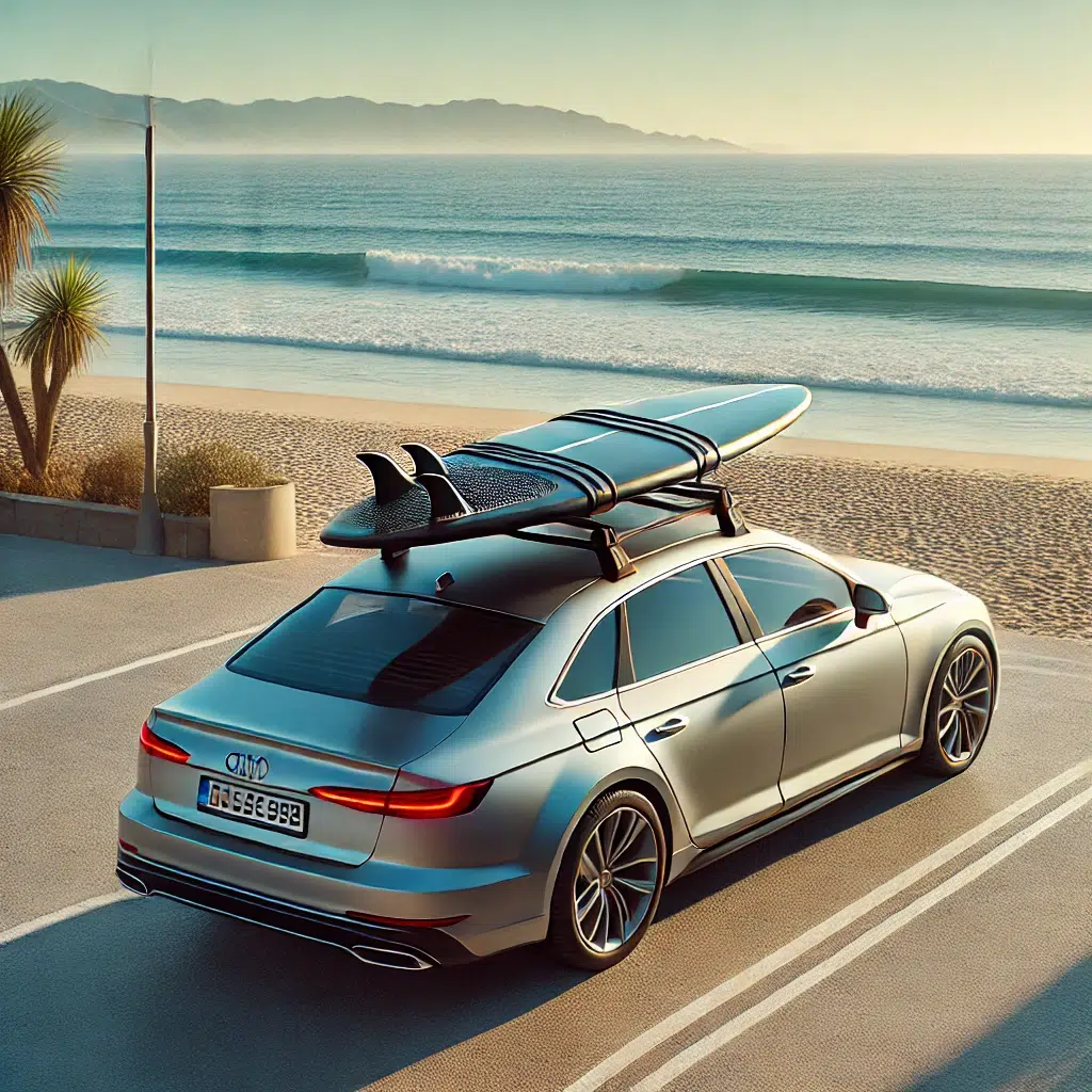 surfboard mounted on top of a car by the beach with the ocean in the background
