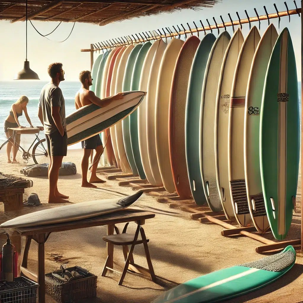 2 guys buying surfboard at a surf shop 