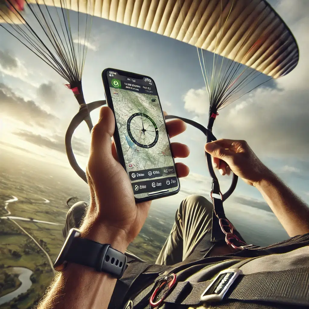 Paraglider Pilot flying and holding a phone with a navigation app open