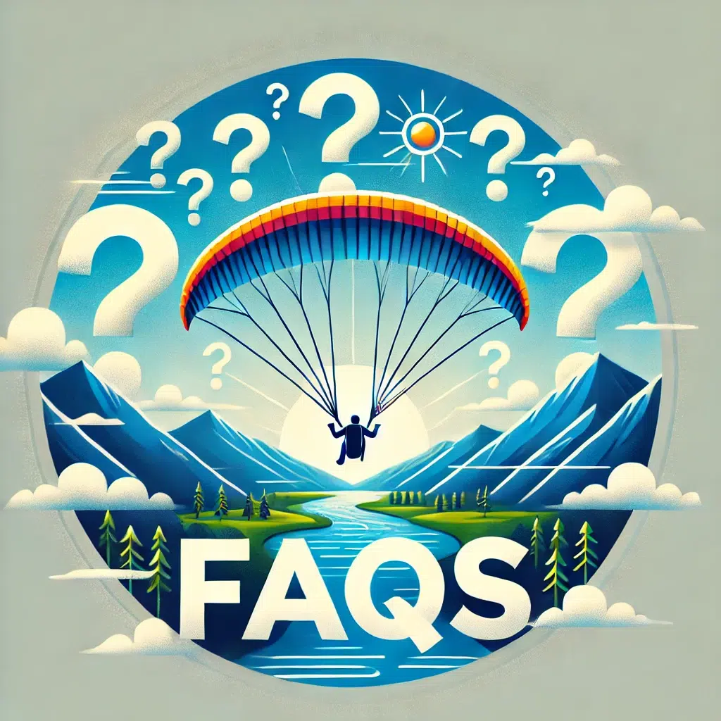 Paraglider in flight with FAQs and question marks around