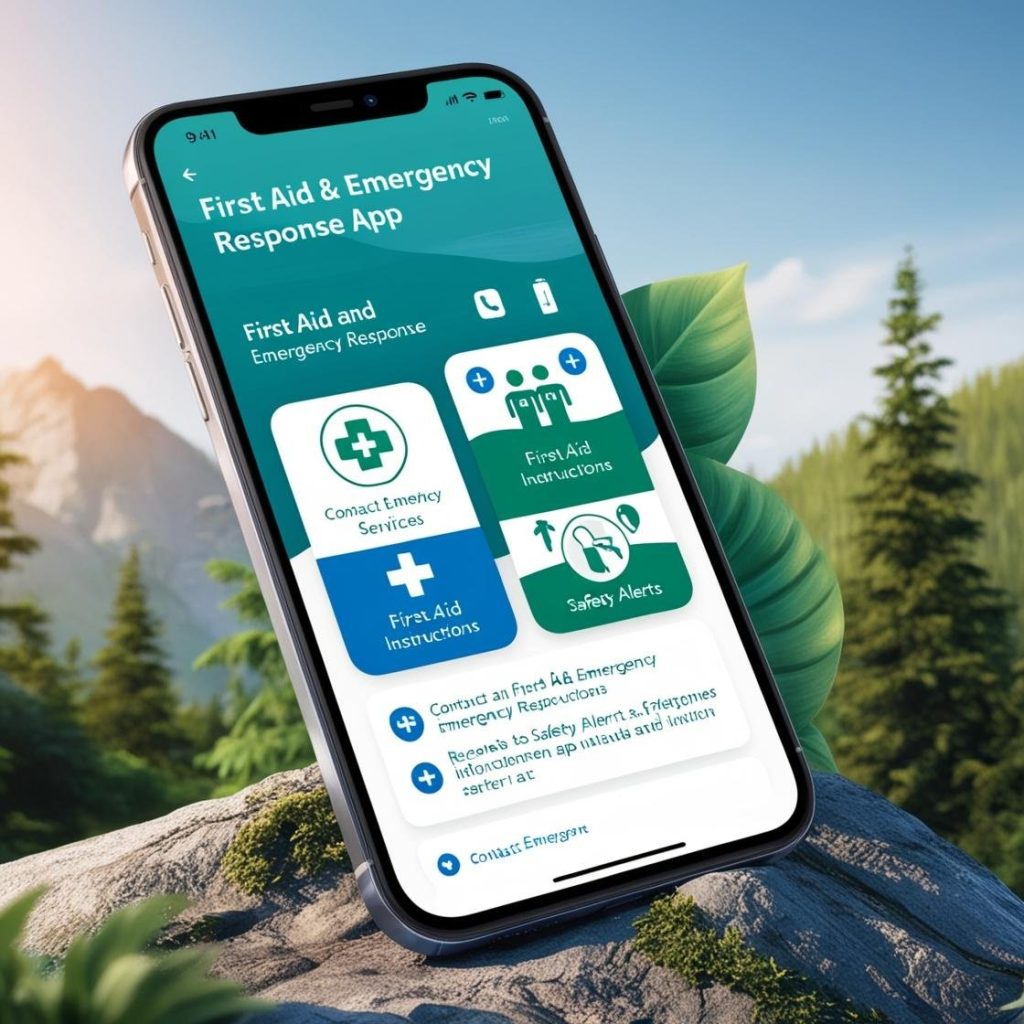 mobile phone outdoor with first aid & emergency response app on screen