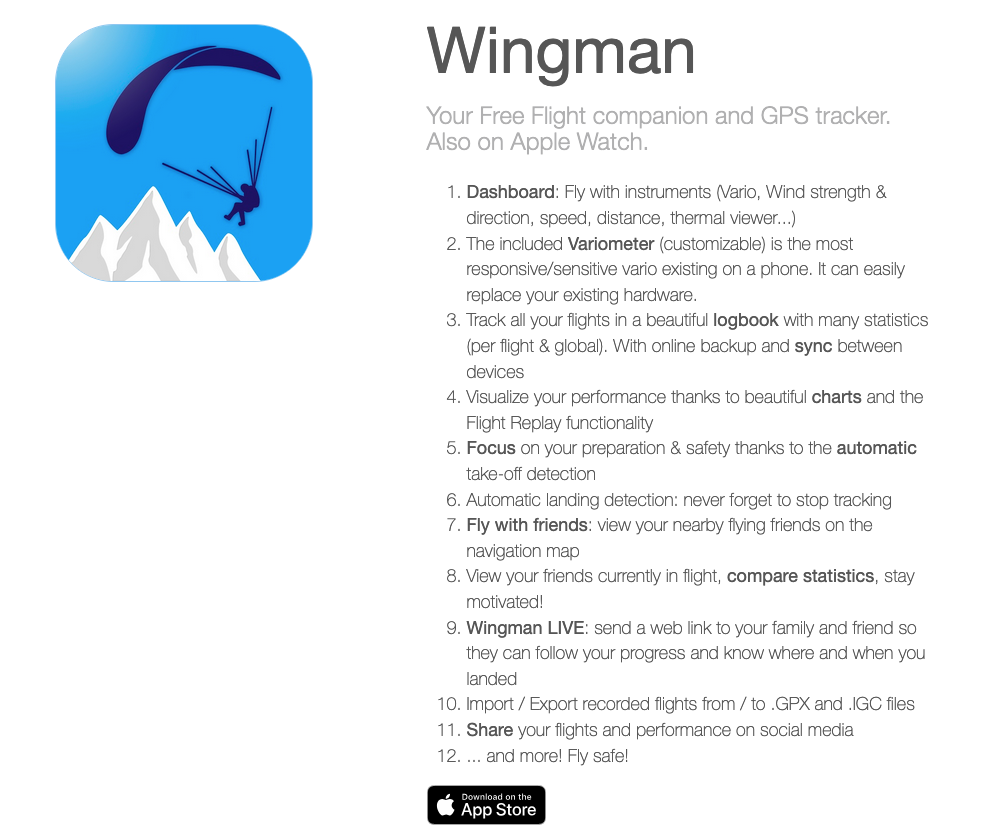 Wingman Paragliding App Summary and logo