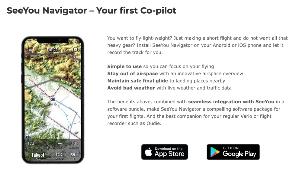 SeeYou Navigator App for paragliders feature summary snapshot
