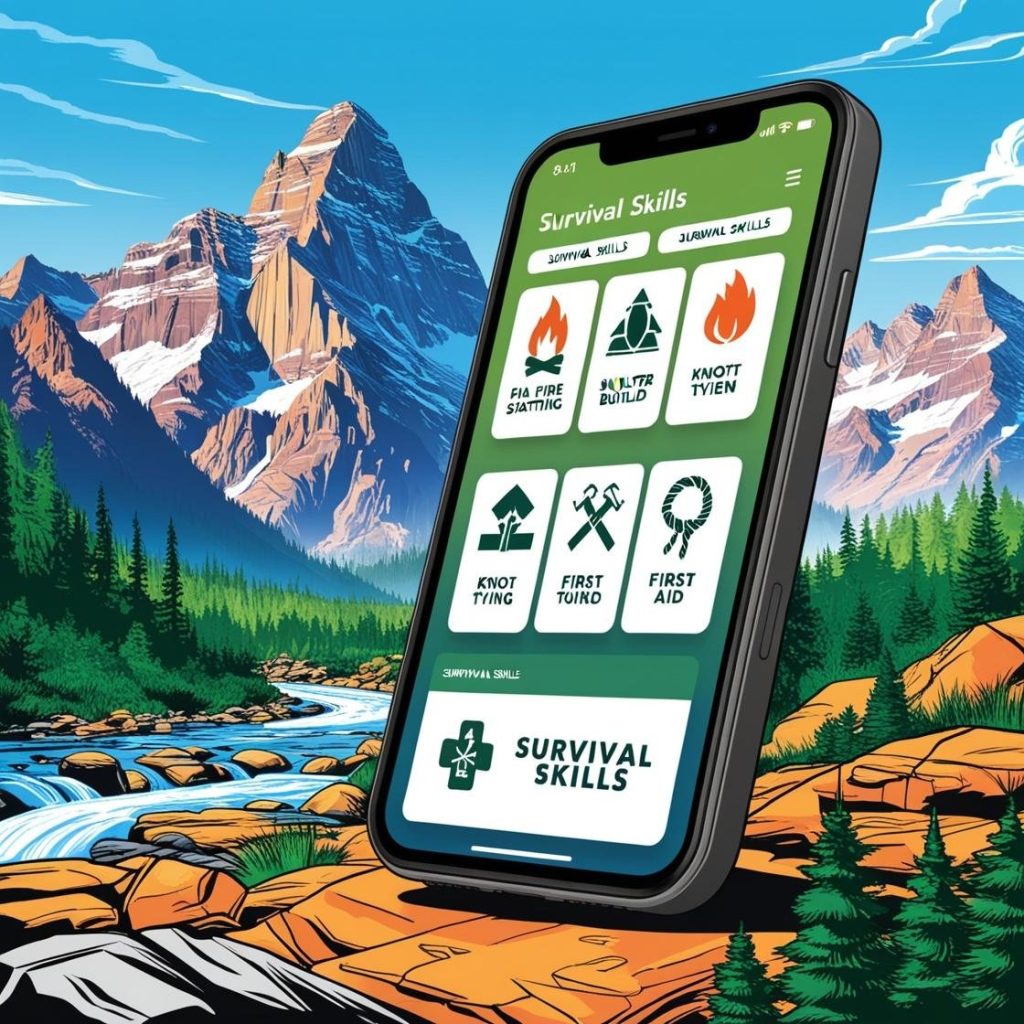 Outdoor Survival Guide and Skills App on iphone screen with mountain in the background